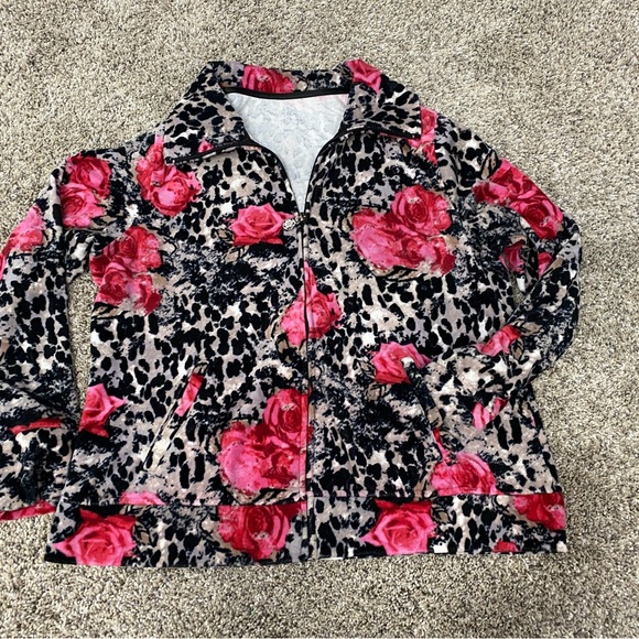Petite Medium Ladies Warmup Velour Jacket Pink Roses Zipper Pockets Activology - Picture 1 of 10